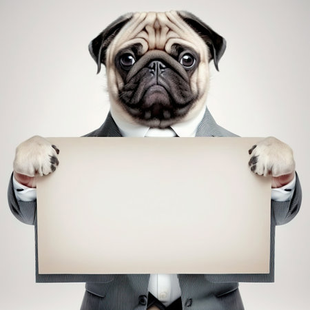Funny and cute pug businessman hold empty clean sign board with copy space. AI generative image.の素材