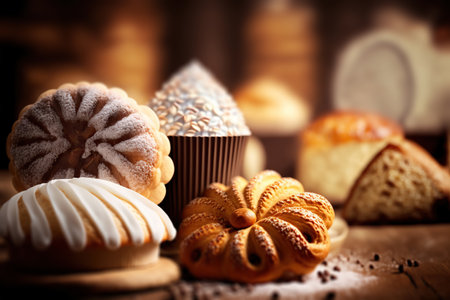 Assorted fresh bakery and pastry confectionery products. Loaves of bread, and sweet buns. AI generative image. Different baked goods still life illustration. AI generated picture.の素材