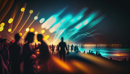 Night beach party with blurred dancing crowd of people having fun. nightlife illustration. AI generative image.の素材