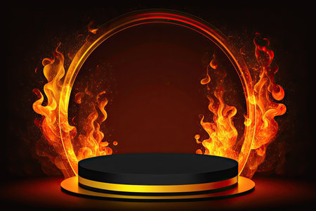 Minimal product podium display with flame fire, sale concept horizontal background. AI generative image.の素材