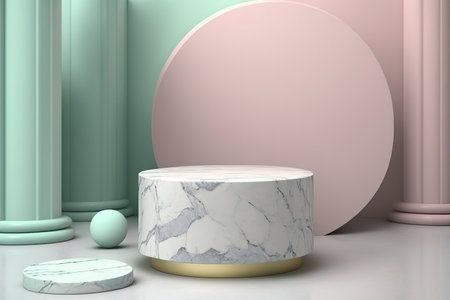 Modern minimal cylindrical podium with place for product display. Soft pastel colors. Empty showcase layout. AI generated picture.の素材