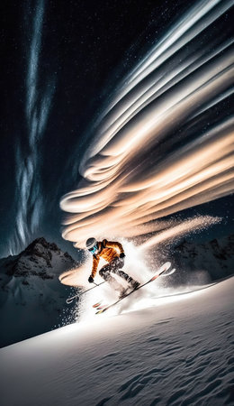 Extreme jumping skier with big snow cloud in a long exposure motion. Fantastic night sky with stars and Nortern lights. Extreme sport vertical background. AI generative image.の素材