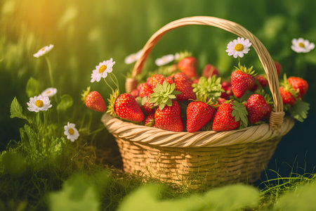 Delicious fresh strawberries in a basket on nature background, healthy diet. AI generated image.の素材