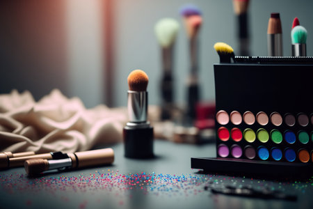 Abstract background with close up professional make-up products. beauty industry accessories. AI generated picture.の素材