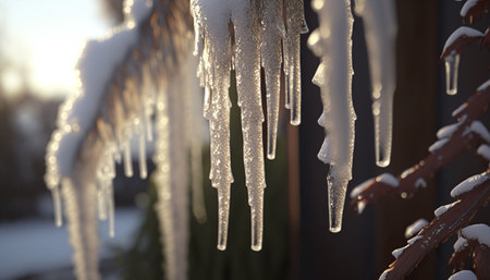 Horizontal banner with close up thawing icicles. water drops. Spring is coming. AI generated picture.の素材