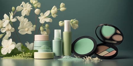 Beautiful composition made of closeup organic cosmetic products and spring flowers on bright background. natural beauty care concept. horizontal banner. AI generative image.の素材