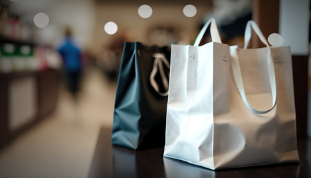 Close up shopping bag mockup with blurred store interior indoor horizontal background. Sale time concept. AI generative image.の素材