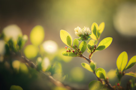 Botany bright morning backdrop. Horizontal springtime banner with green leaves. AI generated picture.の素材