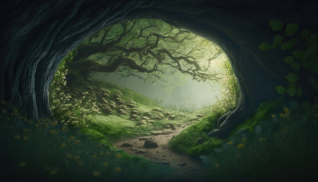 Beautiful fantasy dense forest stunning landscape with old growth trees. Magic woods background with copy space. Fairy tale outdoor backdrop. AI generative image.の素材