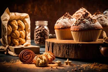 Assorted fresh bakery and pastry confectionery products. Loaves of bread, and sweet buns. AI generative image. Different baked goods still life illustration. AI generated picture.の素材