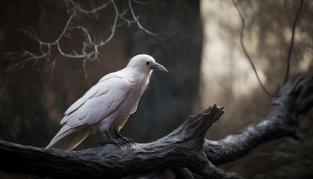 Beautiful and extraordinary albino raven or white crow bird sitting on a tree branch in the forest background digital illustration. AI generative image.の素材