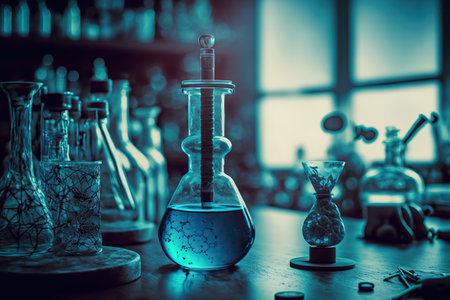 Abstract scientific laboratory background with chemistry equipment. Horizontal banner with copy space. blue colors. AI generative image.の素材