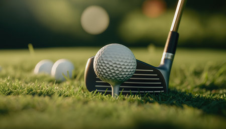 Close up golf club and ball on green grass summer lawn of course background. Sport game concept. AI generative image.の素材