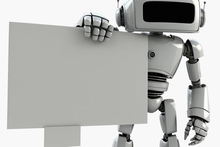 Cute robot with white cardboard clean empty sign with copy space. AI generative image.の素材