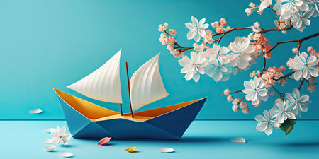 Cute close up origami paper boat on bright blue background. Springtime concept with cherry blossom branch. Horizontal spring banner with copy space. AI generative image.の素材