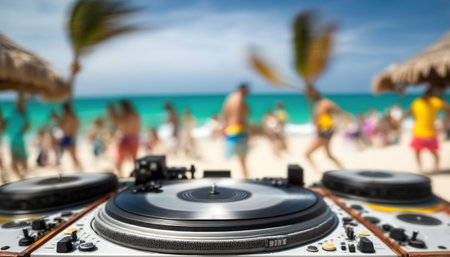 Dj turn table console on the foreground and blurred people crowd on the backdrop, summer beach party, ocean sunny sandy coast with palm trees, music event horizontal poster. AI generative image.の素材