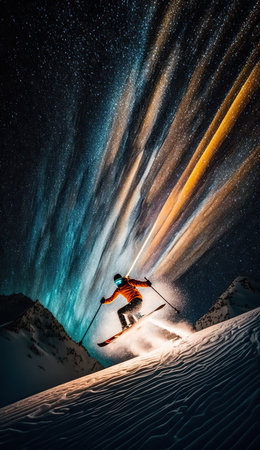 Extreme jumping skier with big snow cloud in a long exposure motion. Fantastic night sky with stars and Nortern lights. Extreme sport vertical background. AI generative image.の素材