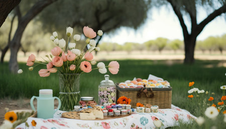 Spring picnic in a park on green grass meadow with flowers and tasty food. outdoor background. AI generative image.の素材