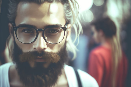 Portrait of a hipster caucasian young man. selective focus. AI generated image.の素材