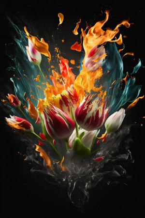 Vibrant color abstract explosion of tulip flowers. Artistic floral vertical mobile screen splash template. AI generative art.の素材