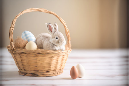 Happy Easter horizontal greeting layout. copyspace. rabbit. AI generated picture.の素材