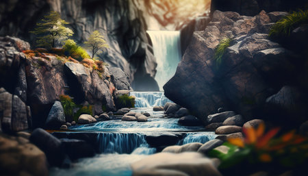 Beautiful outdoor nature landscape with waterfall and stones. Summer horizontal background with copy space. AI generative image.の素材