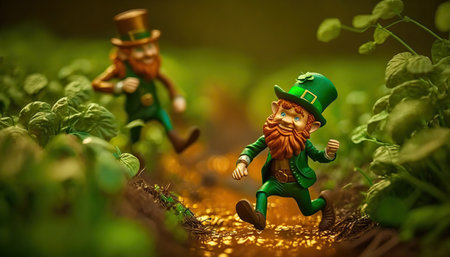 Close up plastic toy leprechaun in green clothes, st. Patrick's day illustration, selective focus. Holiday horizontal background with copy space. AI generative image.の素材