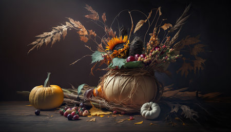 Autumn season harvest concept. Rural still life with seasonal vegetables and decorative elements. horizontal format. AI generative image.の素材