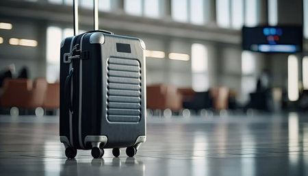 Close up travel luggage on blurred airport or station background with copy space. horizontal banner. Big suitcase with wheels. AI generative image.の素材