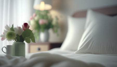 Cozy bedroom interior with bouquet of flowers on white bed. Comfort and relax concept. Indoor horizontal background with copy space. AI generative image.の素材