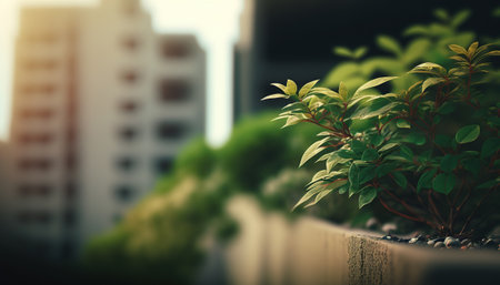 Spring fresh green leaves on blurred big city background. Nature in metropolis outdoor horizontal backdrop with copy space. AI generative image.の素材