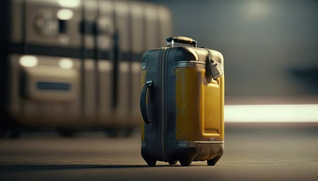 Close up travel luggage on blurred airport or station background with copy space. horizontal banner. Big suitcase with wheels. AI generative image.の素材