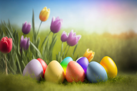 Painted Easter eggs with tulip flowers on outdoor background. Spring holiday horizontal banner or greeting card template. AI generative image.の素材