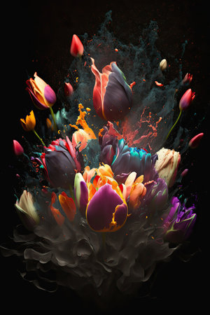 Beautiful abstract tulip flowers bouquet exploding on black background. Mobile floral splash screen vertical template. AI generative image.の素材