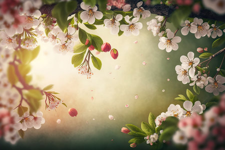 Beautiful close up spring blossom branches tree background with copy space. Blank place for text. AI generative image.の素材