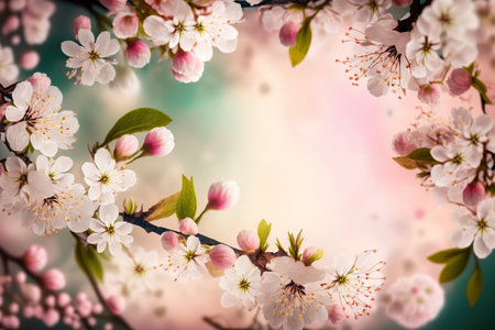 Beautiful close up spring blossom branches tree background with copy space. Blank place for text. AI generative image.の素材