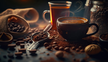 Cup of black aroma coffee with dark indoor cafe horizontal background. AI generative image.の素材