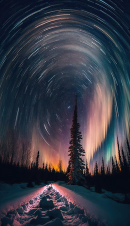 Amazing, beautiful long exposure star trail night sky with coniferous forest silhouette, snow and path way. Vertical nature splash screen template. AI generative image.の素材