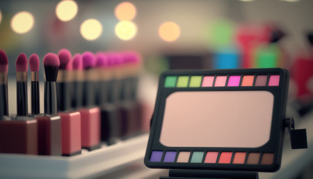 Blurred decorative cosmetic showcase with empty clean frame with copy space. advertising banner. indoor horizontal background. AI generative image.の素材