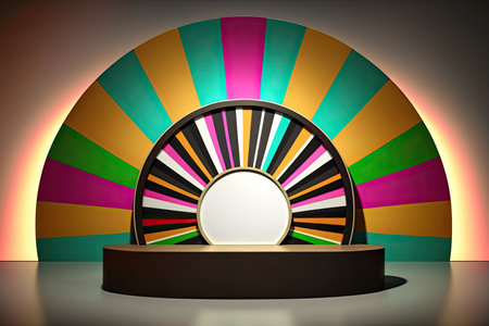 Abstract multicolored empty pop art product podium display. showcase template. horizontal format. AI generative image.の素材