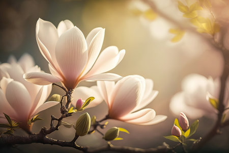 Beautiful horizontal spring banner with close up blooming magnolia branches. big flowers. selective focus. Springtime outdoor background. AI generative image.の素材