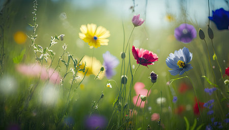Beautiful sunny meadow with different multicolored wild flowers. Blooming field outdoor floral horizontal background. AI generative image.の素材