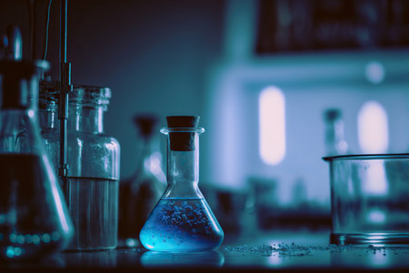 Abstract scientific laboratory background with chemistry equipment. Horizontal banner with copy space. blue colors. AI generative image.の素材