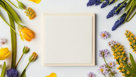 Springtime different flowers border frame with copy space in the middle. beautiful floral background. AI generative image.の素材
