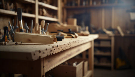 Abstract carpentry workshop with wooden table. indoor horizontal background. AI generative image.の素材