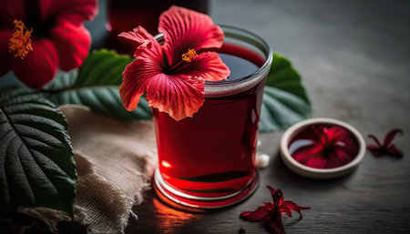 Red hibiscus hot herbal tea with flowers on background. horizontal background. AI generative image.の素材