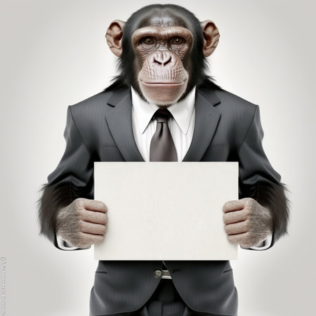 Illustration of funny anthropomorphic chimpanzee monkey businessman in suit holding empty clean white sign with copy space. AI generative image.の素材