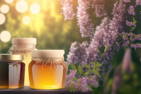 Apiary honey concept backdrop with copy space. AI generated picture.の素材