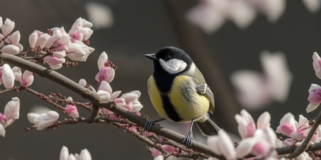 Adorable beautiful Parus Major bird on spring blossoming branch nature background. Spring holiday horizontal greeting card template. AI generative image.の素材