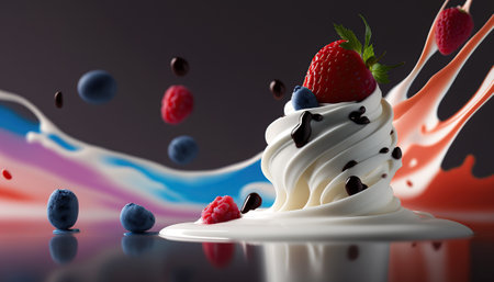 Close up creamy delicious yogurt with strawberry and blueberry, dairy product, healthy organic food advertising banner. AI generative image.の素材